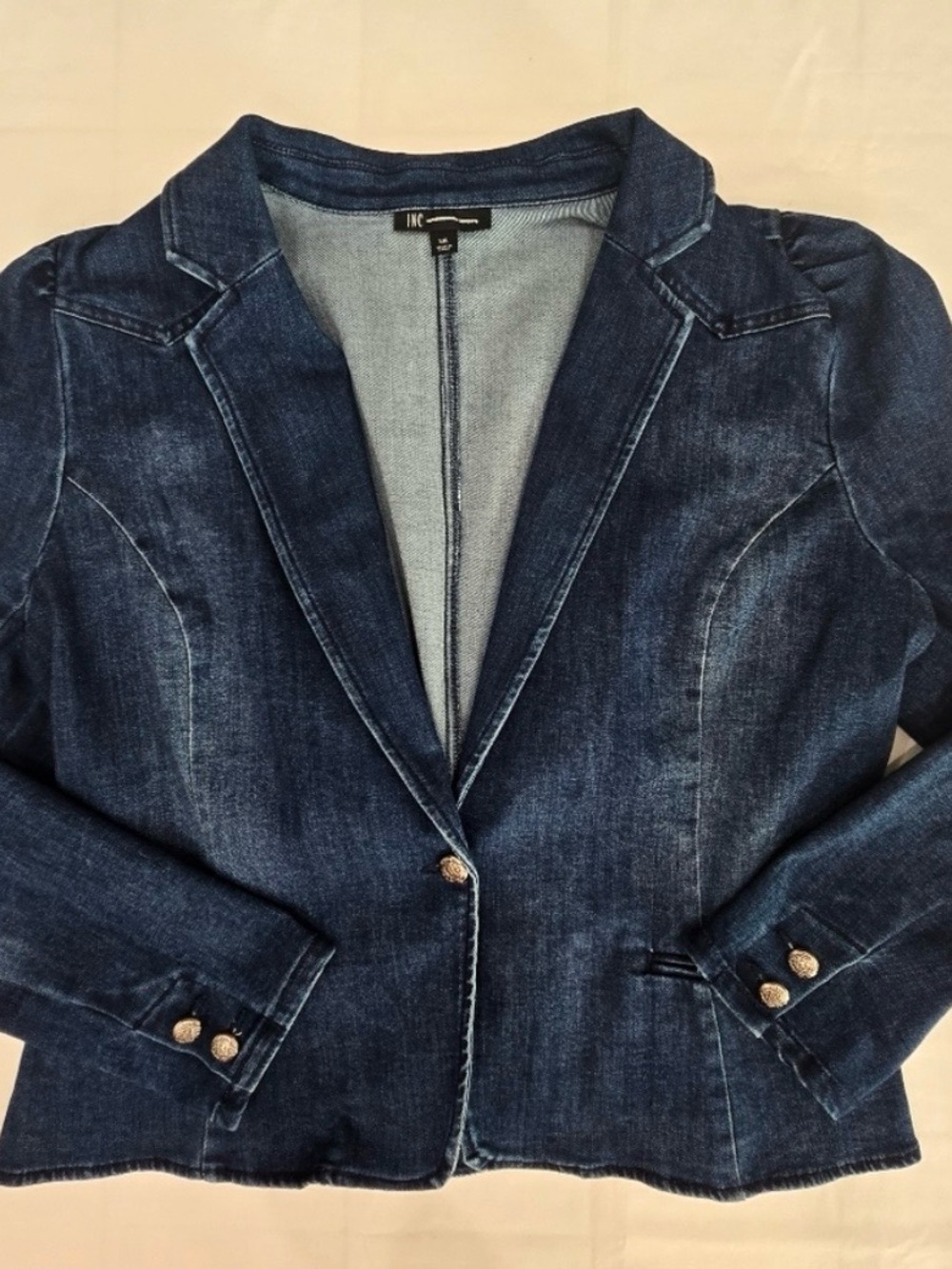 INC International Concepts Dark Blue Denim Blazer with Button Cuffs